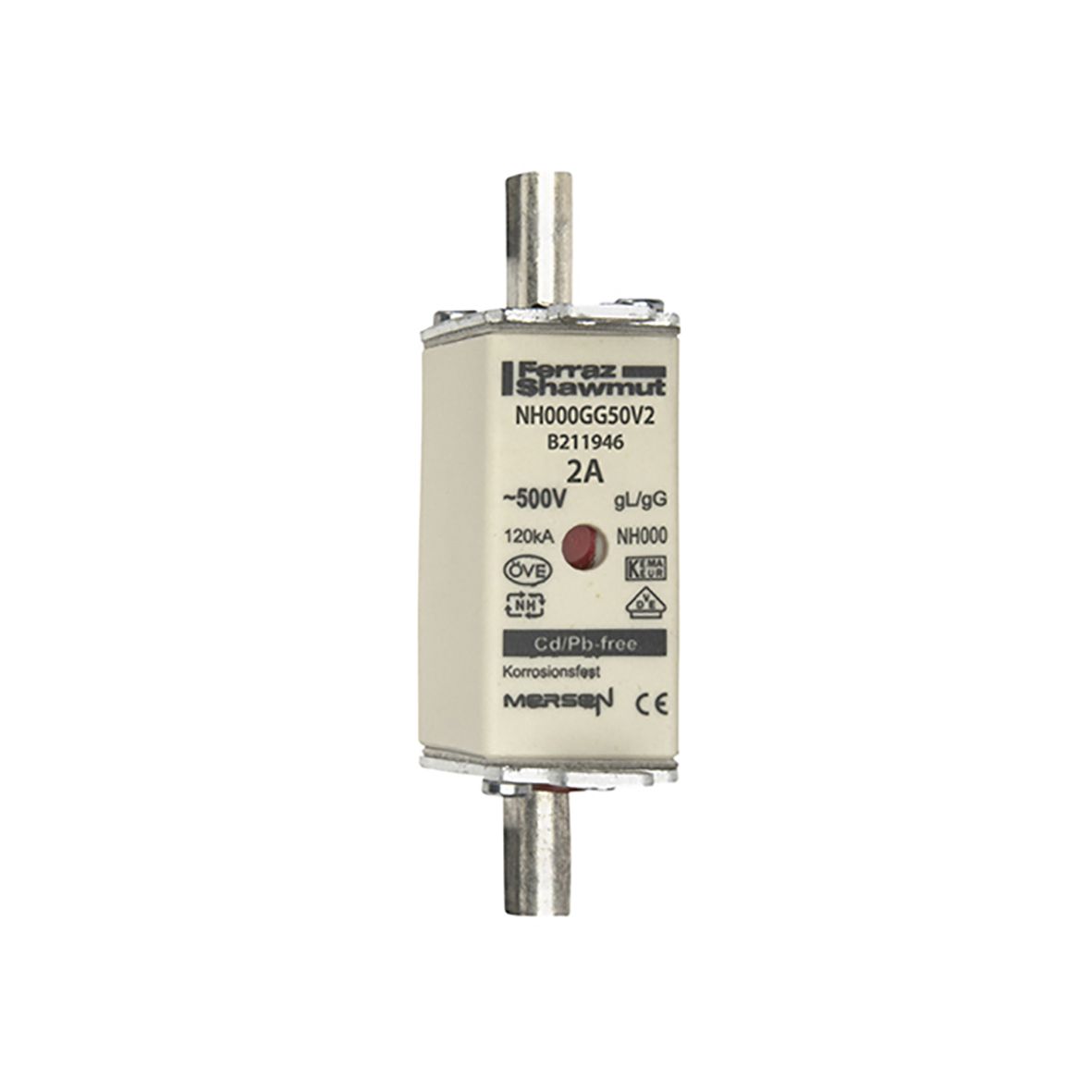 B211946 - NH fuse-link gG, 500VAC, size 000, 2A double indicator/live tags